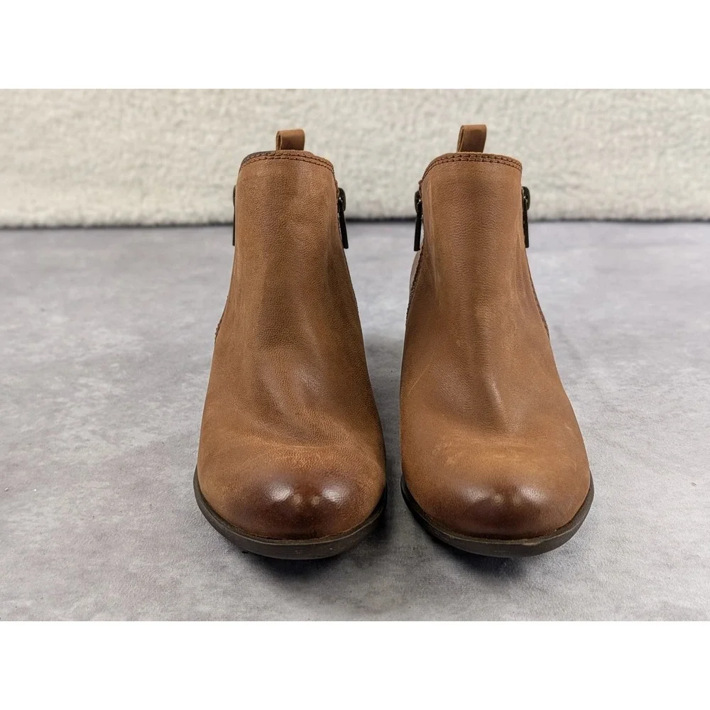 Lucky Brand Basel Tan Leather Ankle Booties Womens 8W Round Toe Low Block Heel